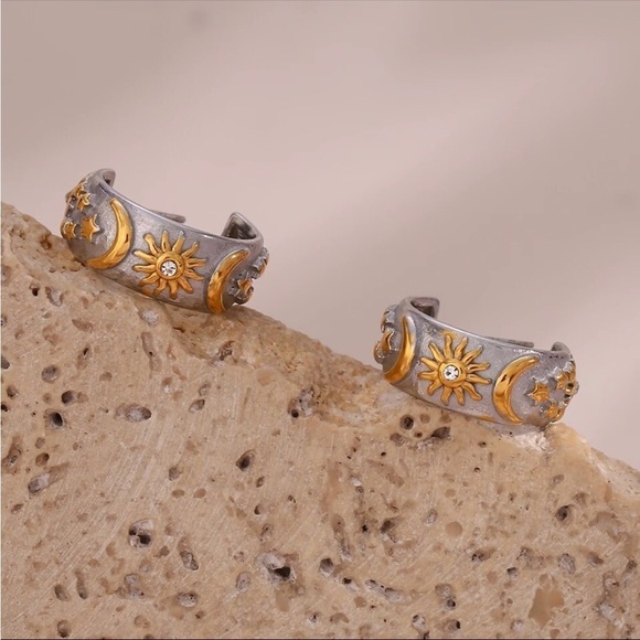 Thick Embossed Moon Sun Star Pattern Chunky Hoop Earrings Gold plated Waterproof - Picture 1 of 9